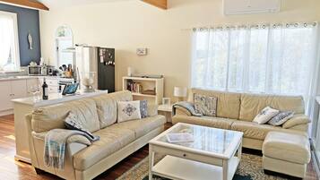 Smart TV, fireplace, DVD player, books