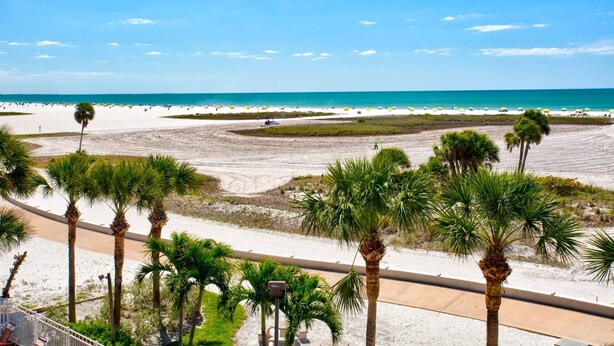 A beach with palm trees, a road, and a clear blue sky.