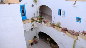 Un estrecho callejón con paredes blancas, puertas azules y ventanas pequeñas. Hay plantas en macetas a lo largo de las paredes y un cactus en el suelo.