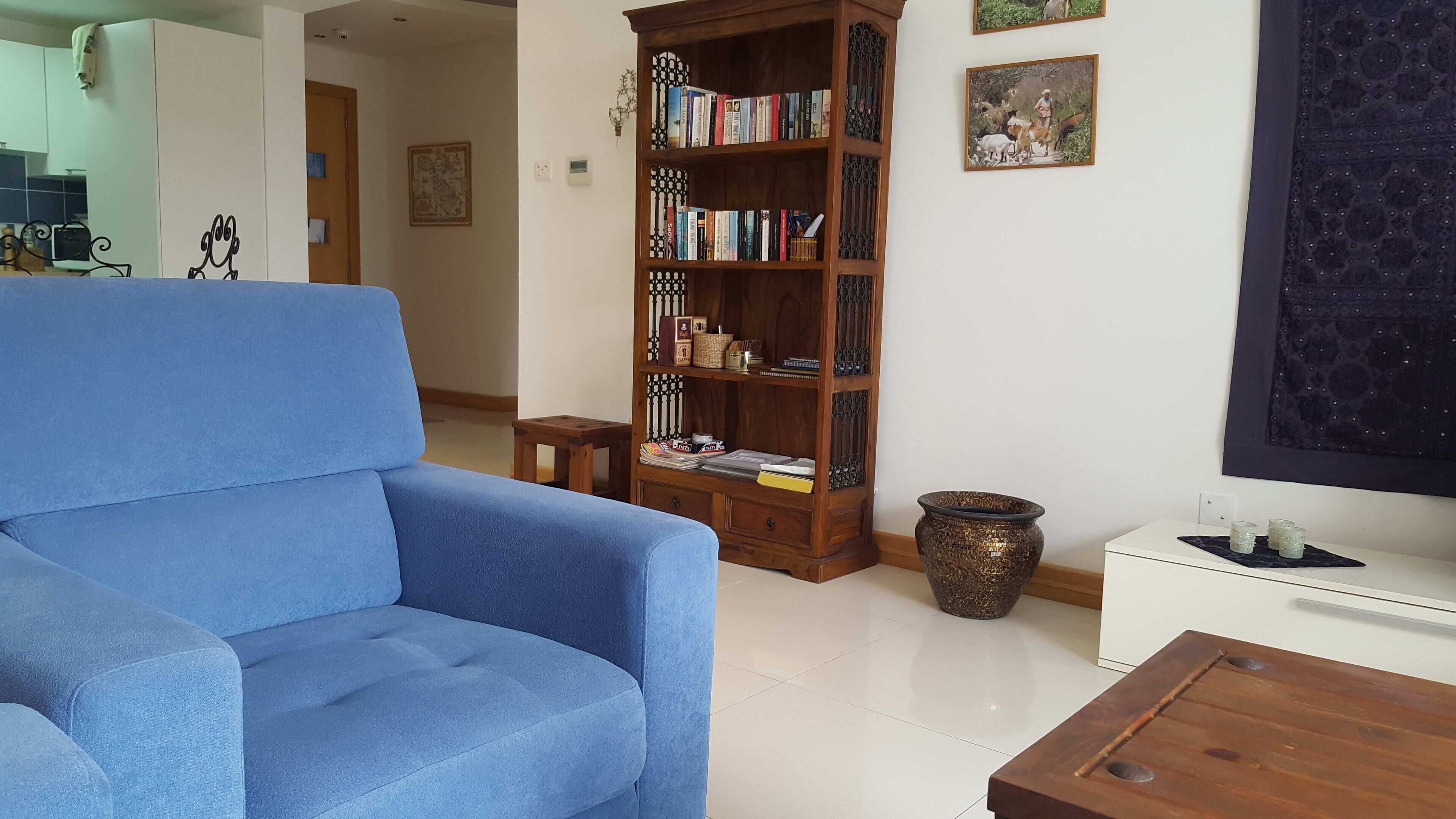 Televisio, kirjoja, tietokoneen näyttö