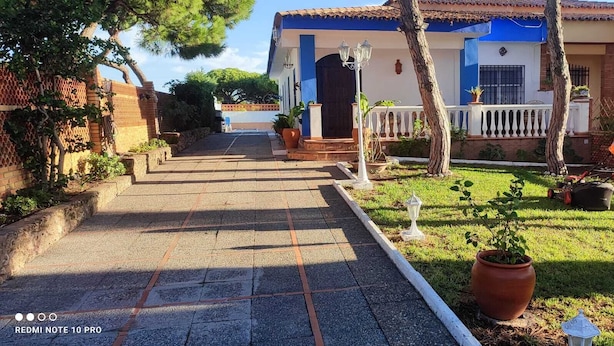 A residential property with a paved pathway leading to a house with a blue facade, a front porch, and a lawn with potted plants.