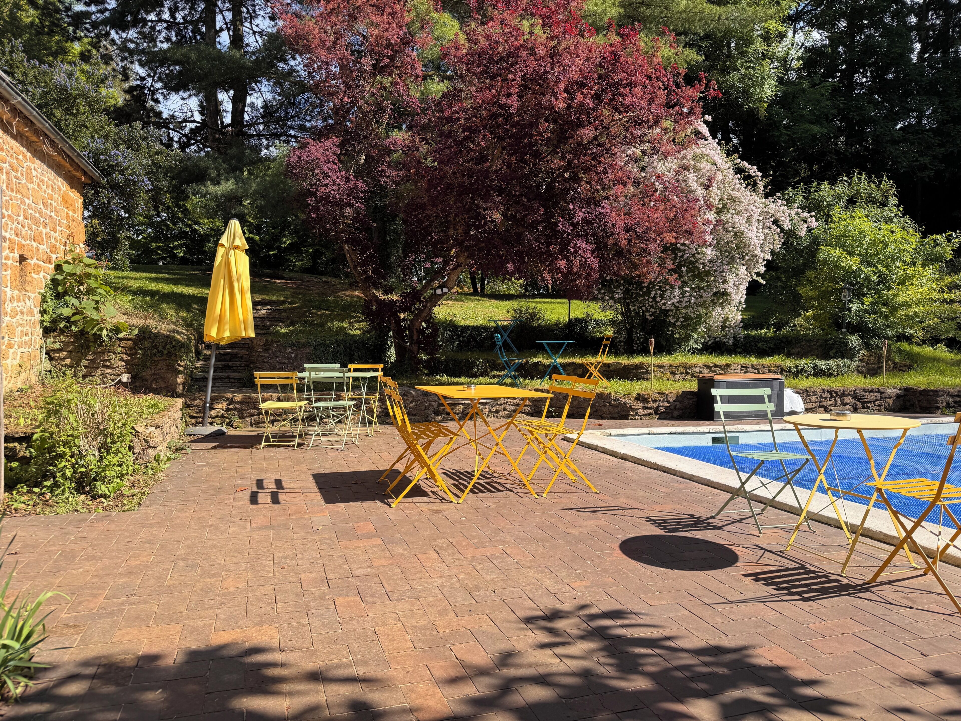 A brick patio with yellow chairs and tables, a small pool, and a tree with red leaves.