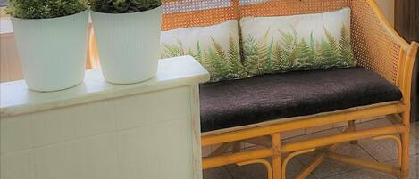 Una silla de mimbre con un cojín y dos macetas con plantas sobre una superficie blanca.
