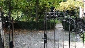 A gravel pathway leading to a wrought iron gate with a keyhole, surrounded by trees and a hedge.