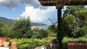 A garden with potted plants, a lantern, and a view of the sea. - Detached villa 50 meters from the sea (Isola d'Elba)