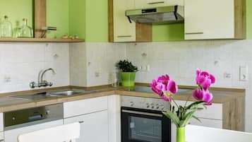 Fridge, microwave, oven, stovetop