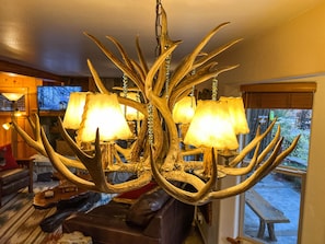 A chandelier with antler designs and lampshades. - Burnt Mill Canyon Cottage, "Just for 2", Gorgeous - Romantic - Immaculate - A/C (Lake Arrowhead)