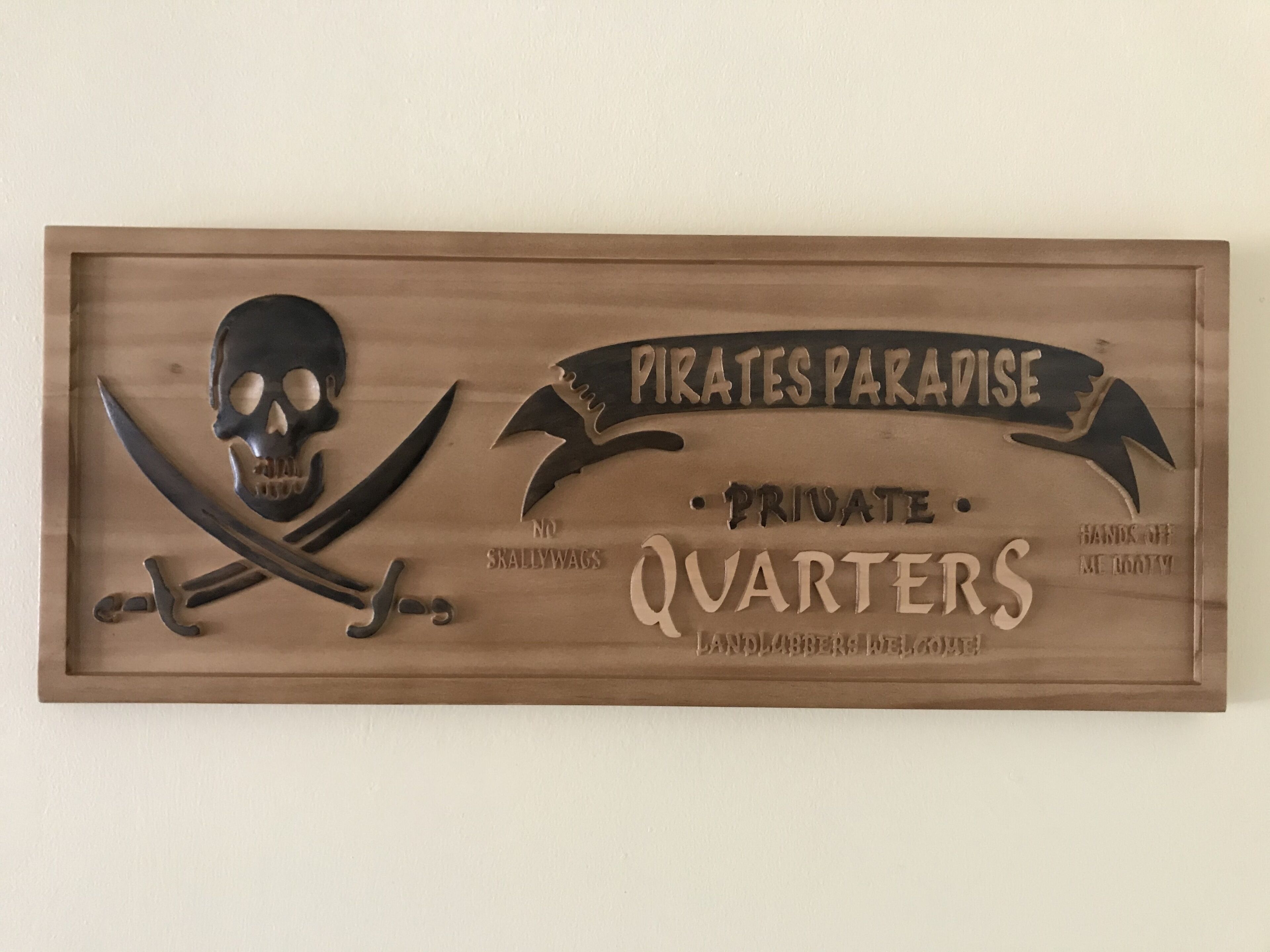 A wooden sign with a skull and crossed swords, and text reading "Pirates Paradise Private Quarters Landlubbers Welcome Hands Off Me Booty".