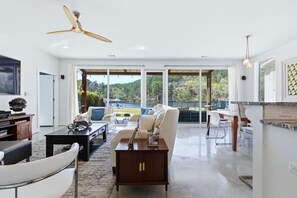 Smart TV, chimenea, reproductor de DVD, libros