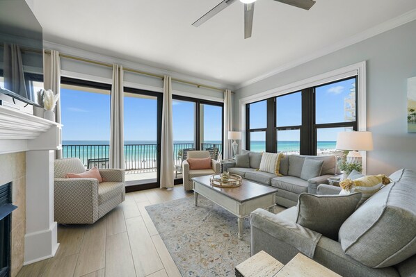 TV, fireplace - Relax in the sun Beachfront at Villa Coyaba 209 Unit w/ 2 FREE sets of Beach Service! (Destin)
