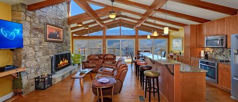 TV connectée, cheminée, lecteur de DVD, livres