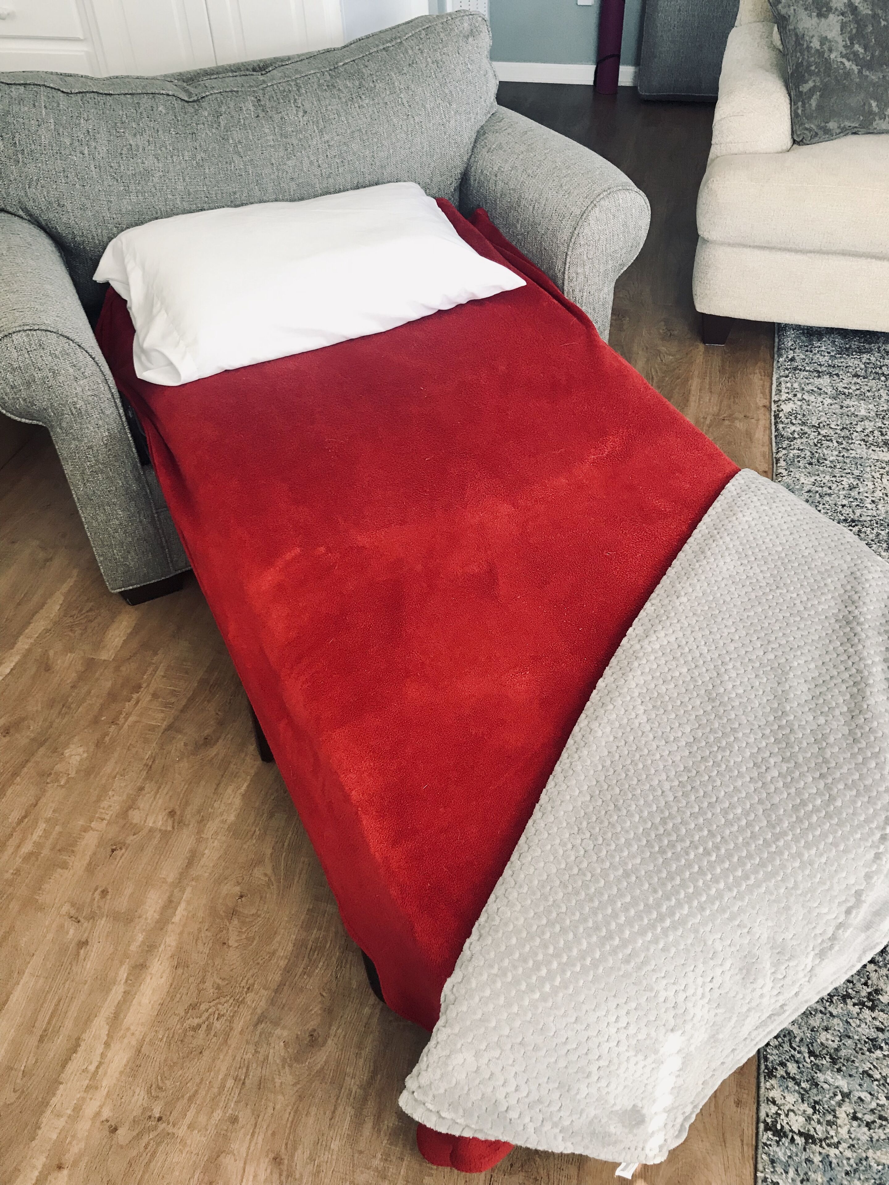 A room with a grey sofa, a red blanket, and a white pillow.