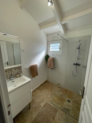 Shower, hair dryer, towels
