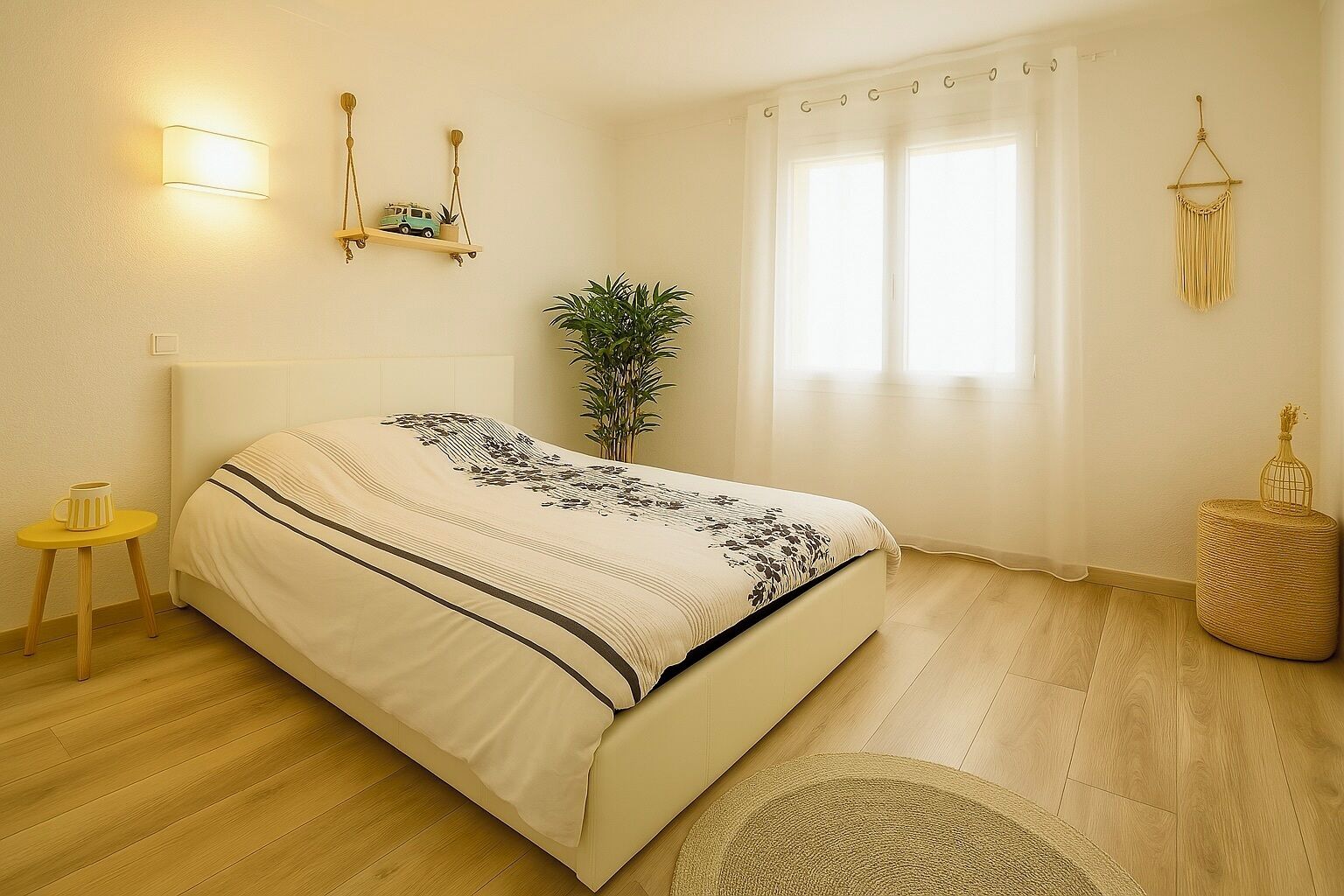 Et soveværelse med seng, sengebord, lampe og et vindue med gardiner.