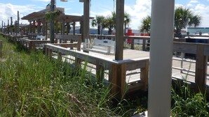 A wooden pier with benches and a gazebo, surrounded by tall grass and palm trees. - ☀ Breezy, Open Condo, Steps from Beach and Boardwalk with Ocean Views & Pool ☀  (Carolina Beach)