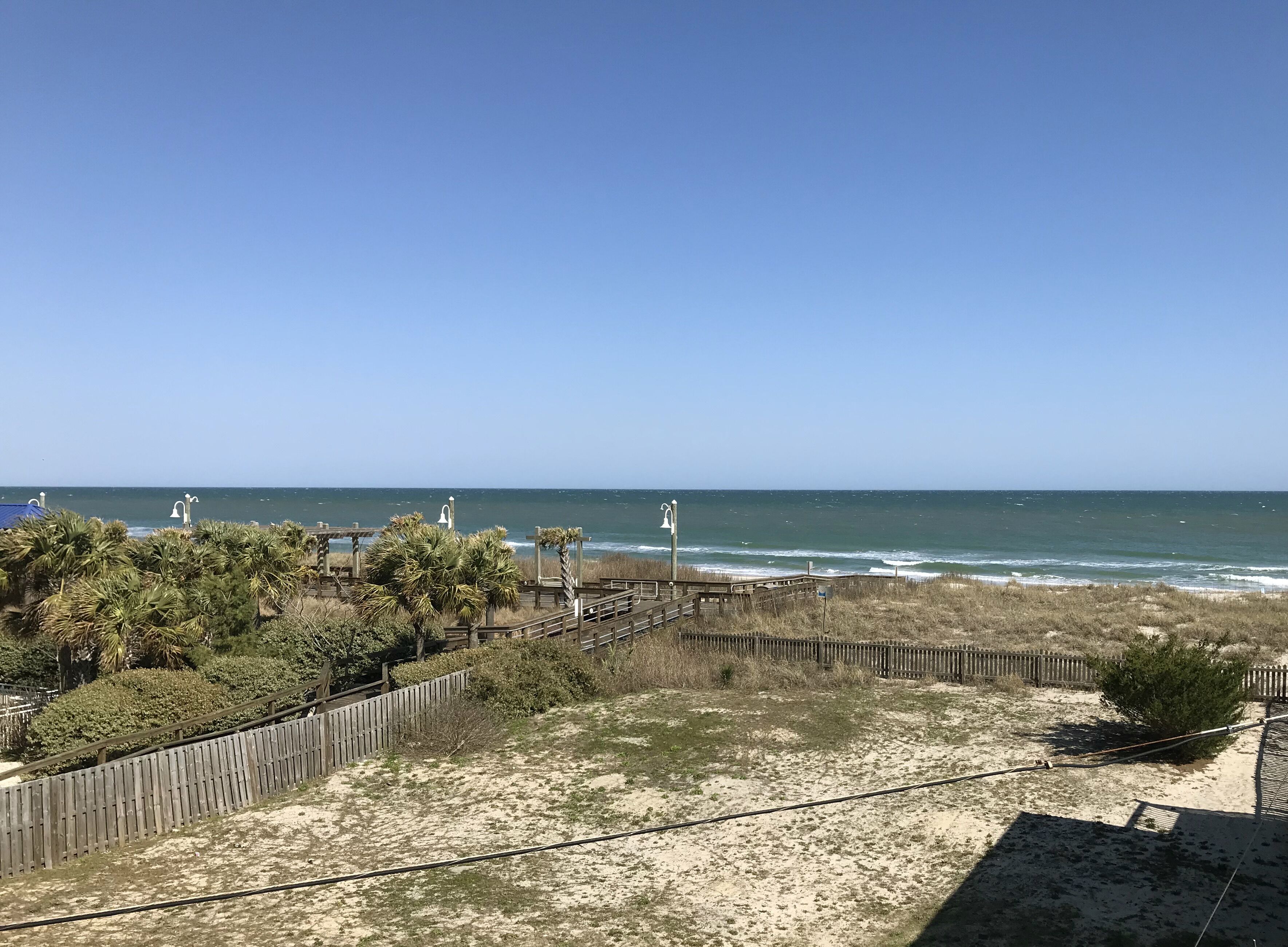 A beach view with a wooden boardwalk, palm trees, and a clear sky.