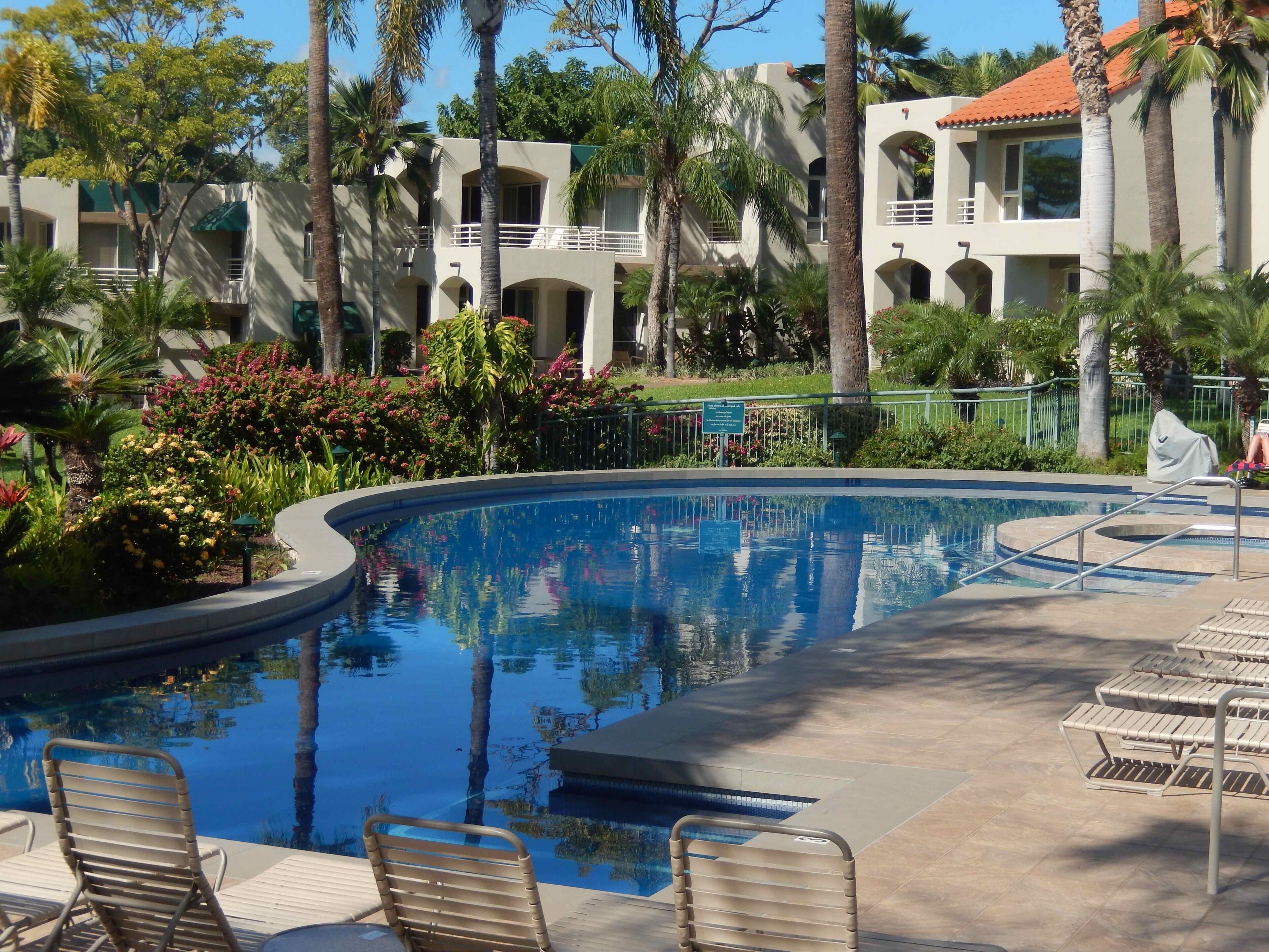 Une piscine avec des chaises longues et, au fond, un bâtiment doté de balcons.