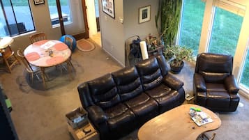 Télévision, cheminée, lecteur de DVD, livres