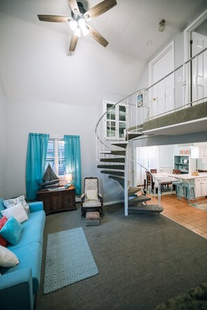 Smart TV, fireplace, books