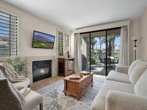 Smart TV, fireplace, DVD player, books