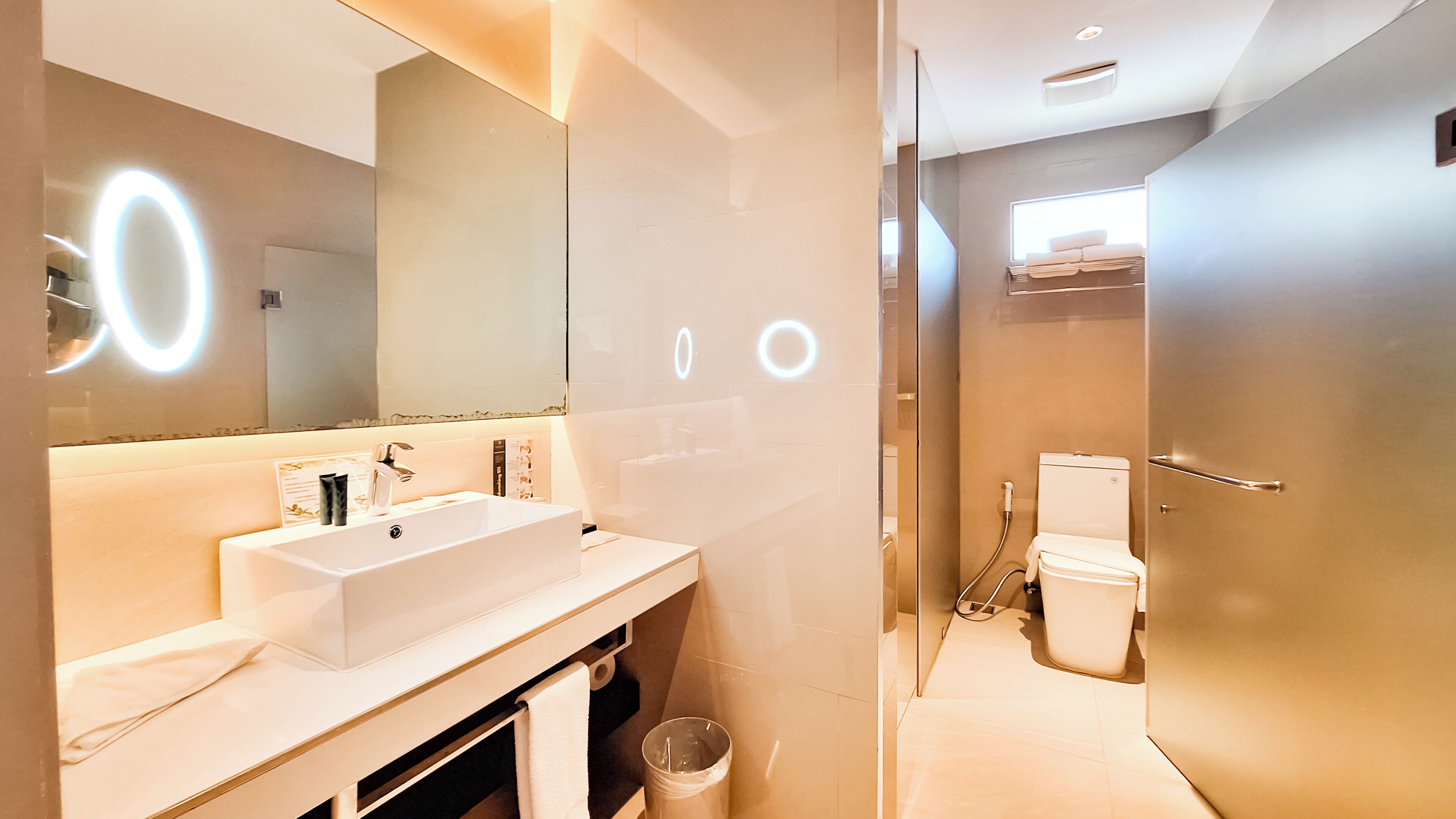 deluxe room | bathroom | shower, free toiletries, bidet, towels