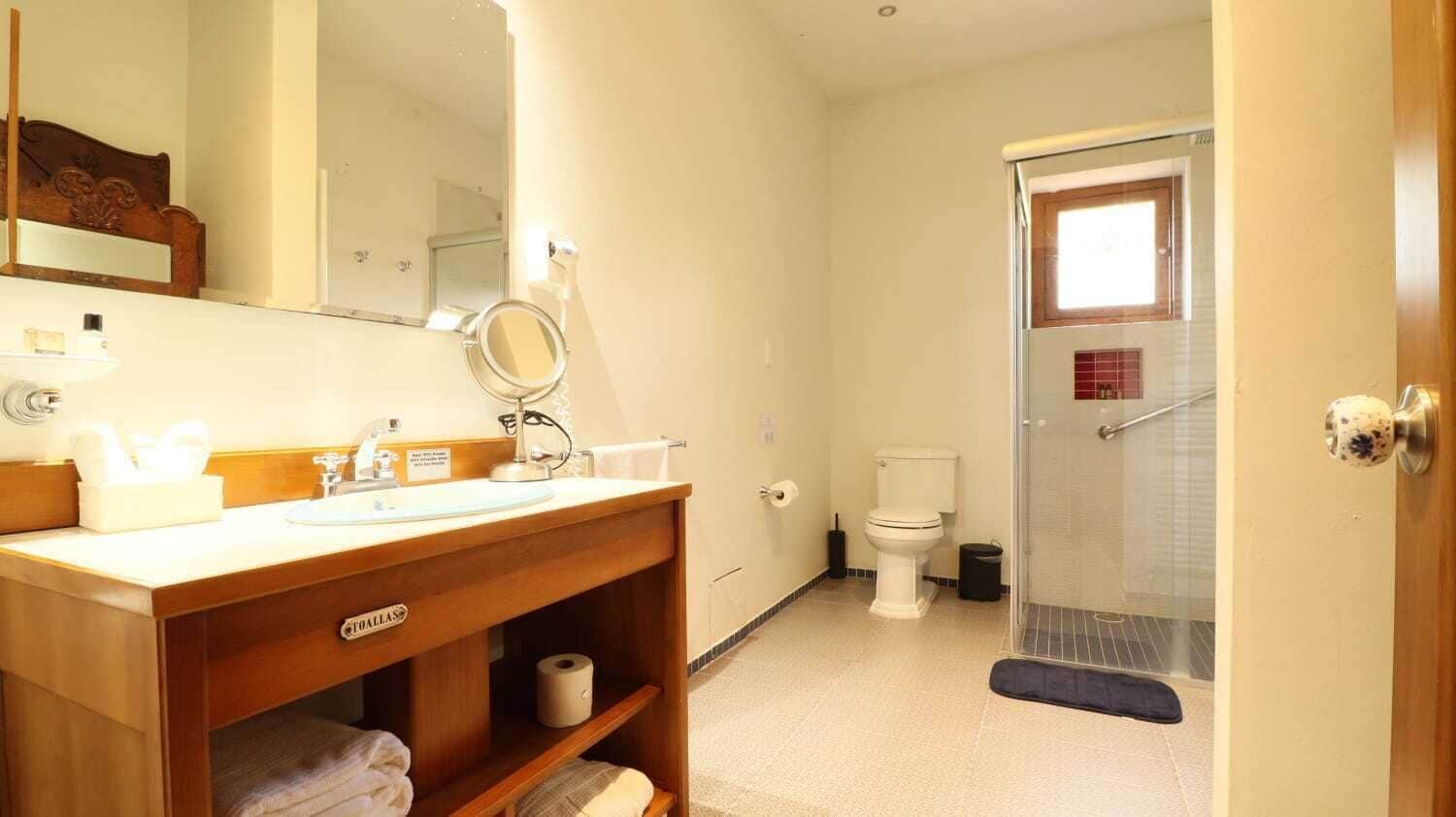 junior suite | bathroom | shower, hair dryer, towels, soap