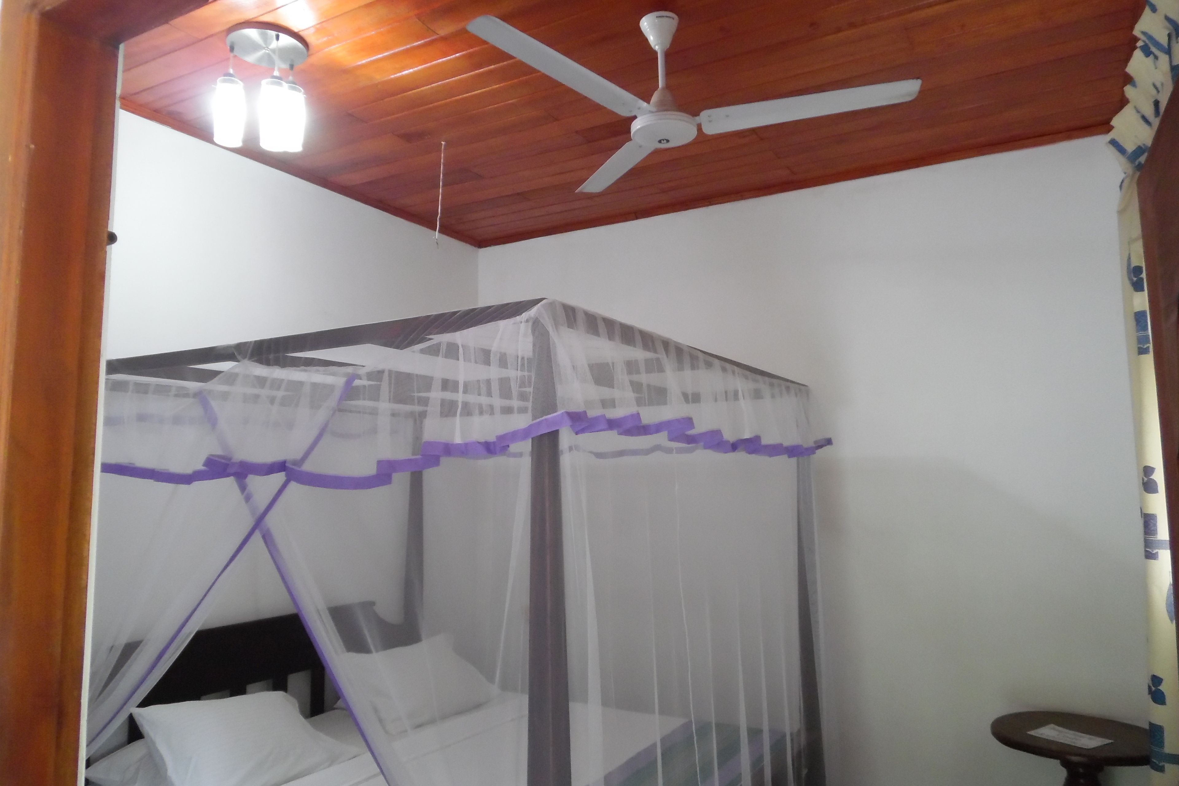 Una habitación con una cama bajo una mosquitera, un ventilador de techo y una pequeña mesa.