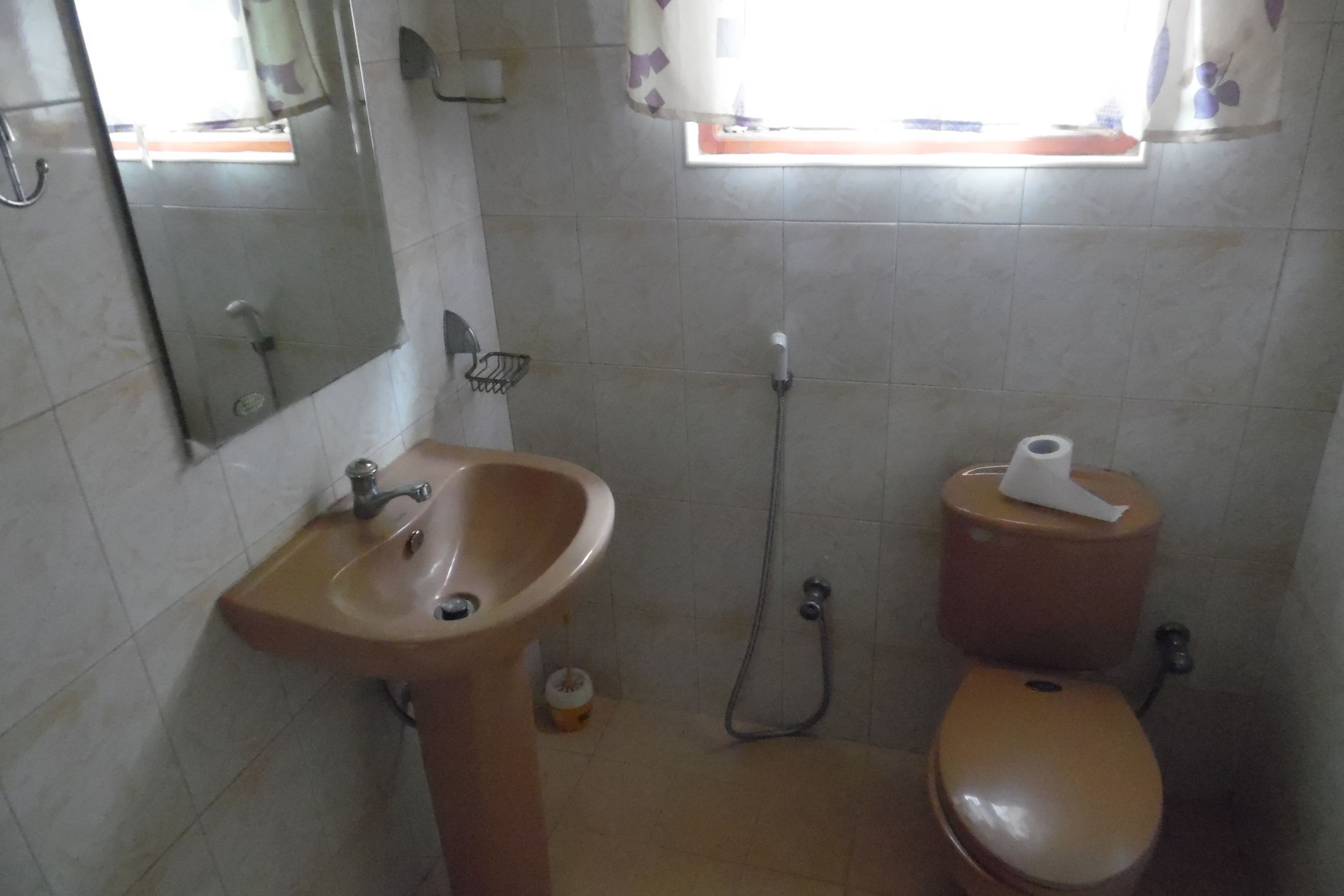 Un baño con lavamanos, inodoro y ducha.