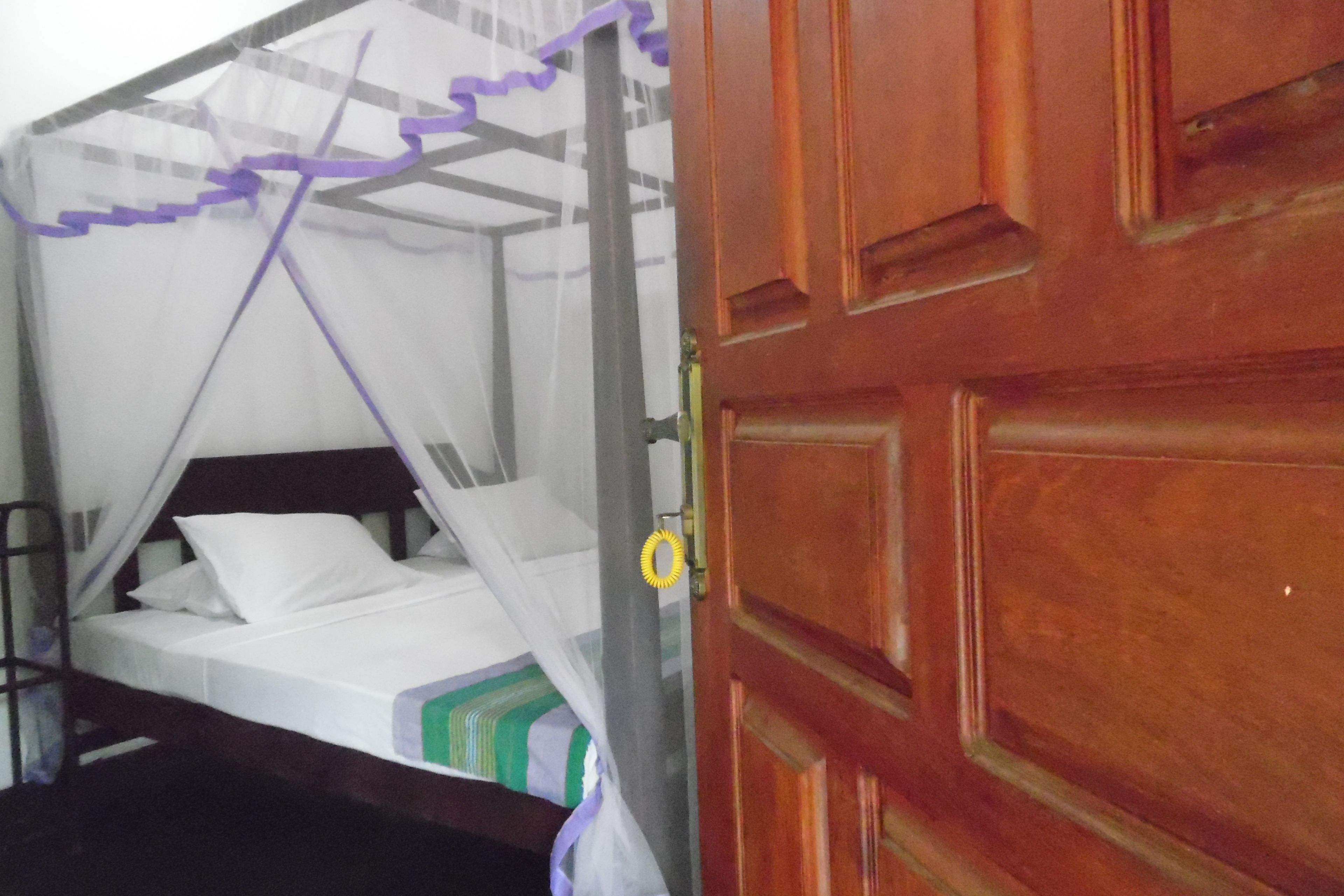 A room with a bed under a mosquito net, a wooden door, and a metal frame.