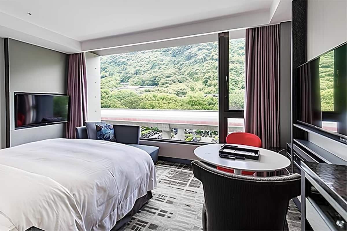 A hotel room with a large bed, a TV, a small table, and a view of a green landscape through large windows.