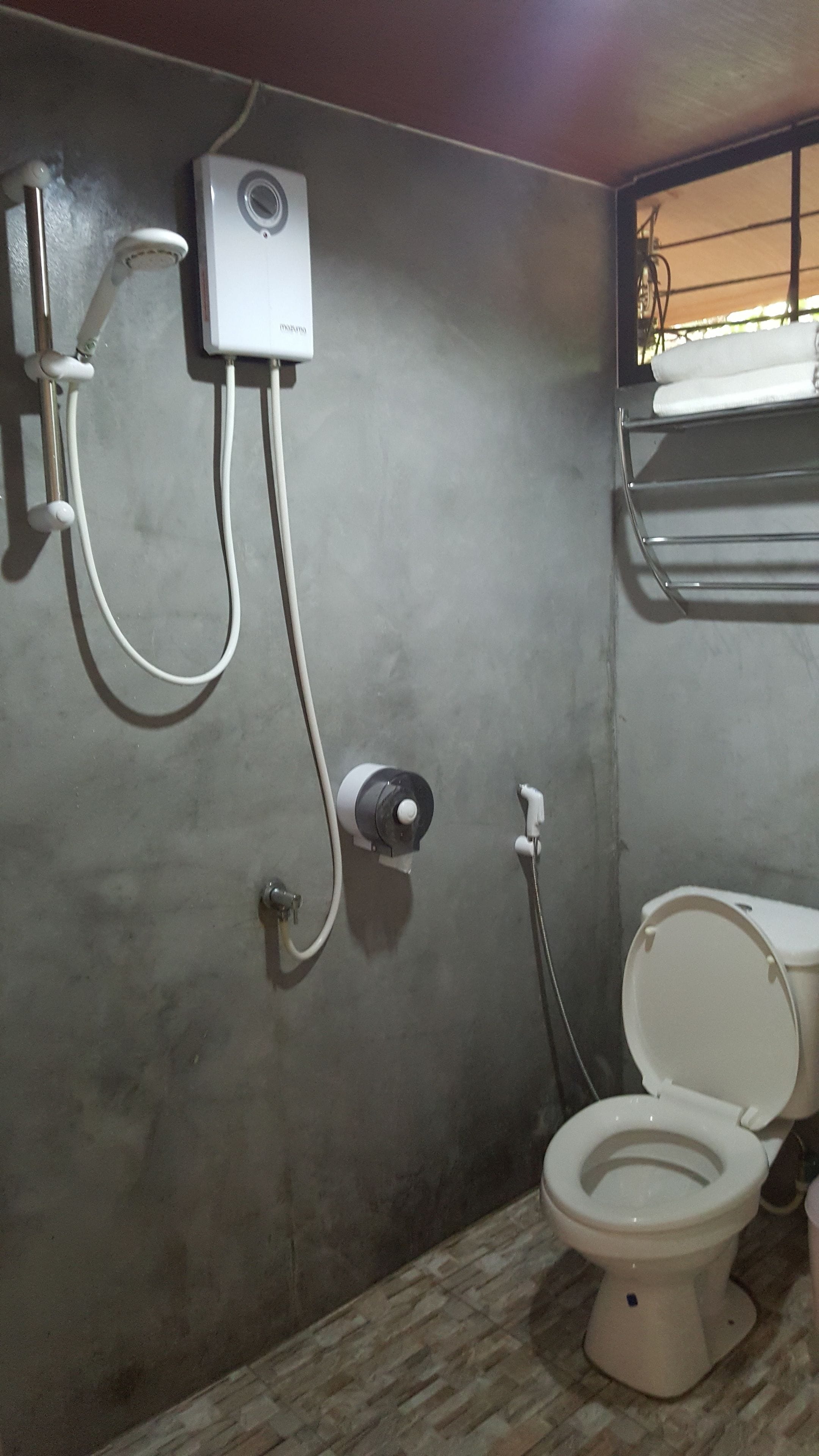 Une salle de bain équipée de toilettes, d’une douche et d’un porte-serviettes.