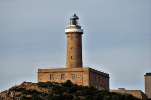 A lighthouse with a cylindrical tower and a flat base, situated on a rocky hill with sparse vegetation.