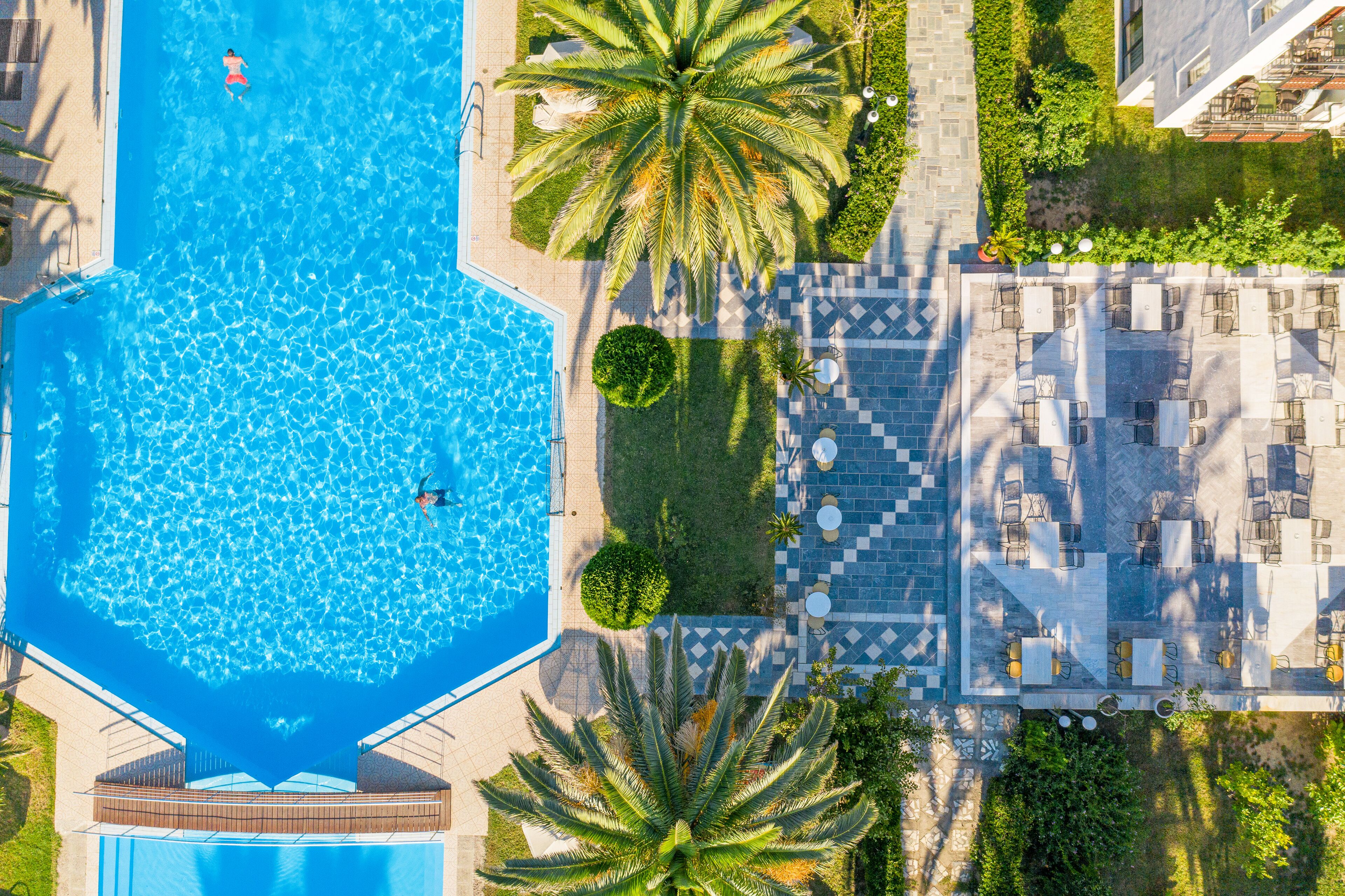 Outdoor pool, pool umbrellas, pool loungers