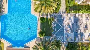 Outdoor pool, pool umbrellas, pool loungers