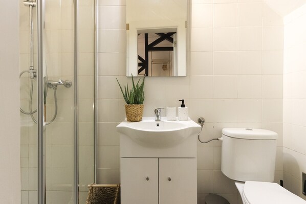 A bathroom with a glass shower enclosure, a white sink with a mirror above it, and a toilet.