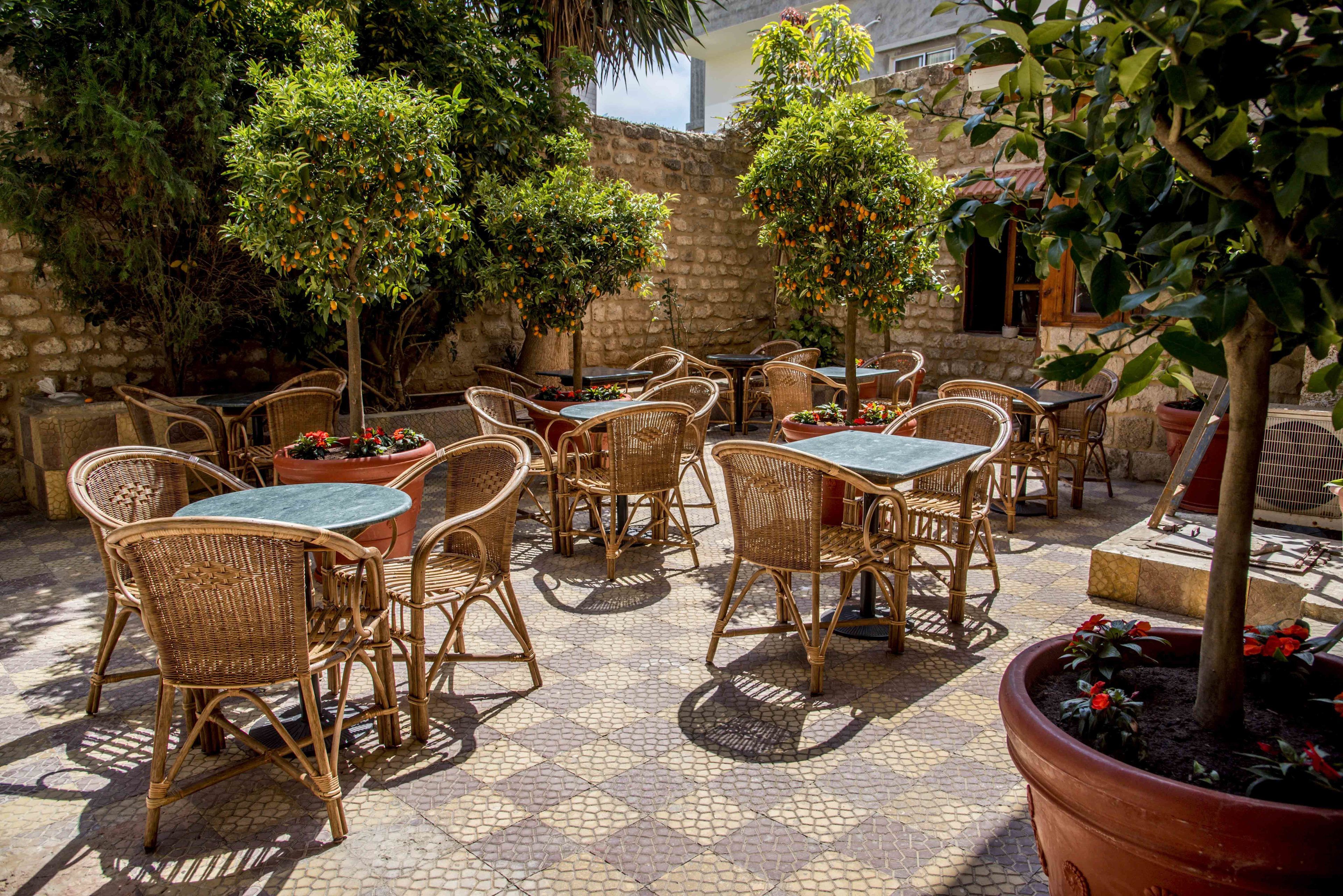 Une terrasse extérieure avec des meubles en osier et des plantes en pot.