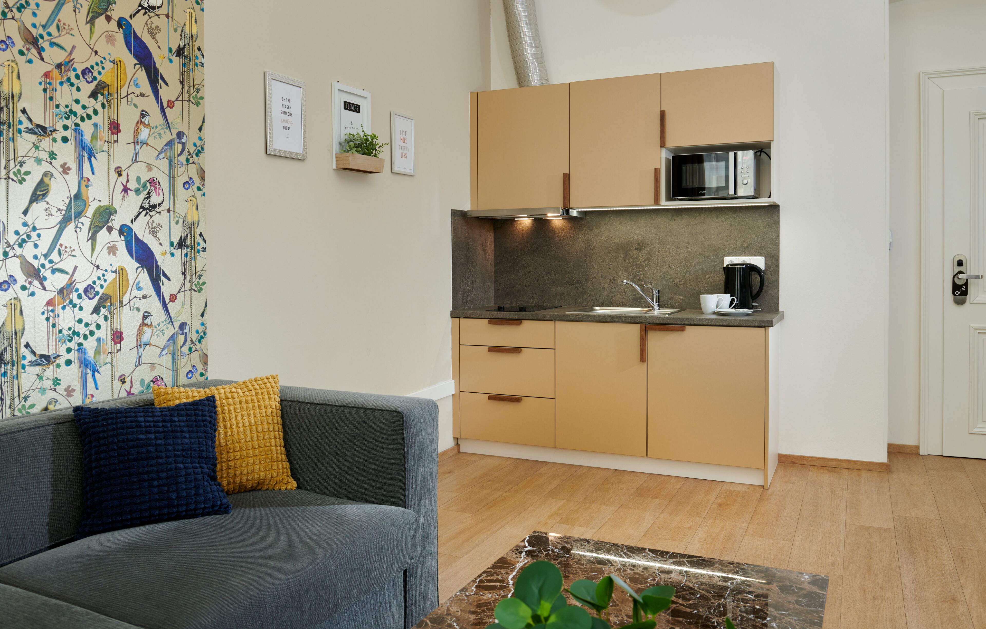 Een moderne woonkamer met een grijze bank, een salontafel en een kleurrijke muurschildering. Grenzend hieraan een compacte keuken met een magnetron, koffiezetapparaat en houten kasten.