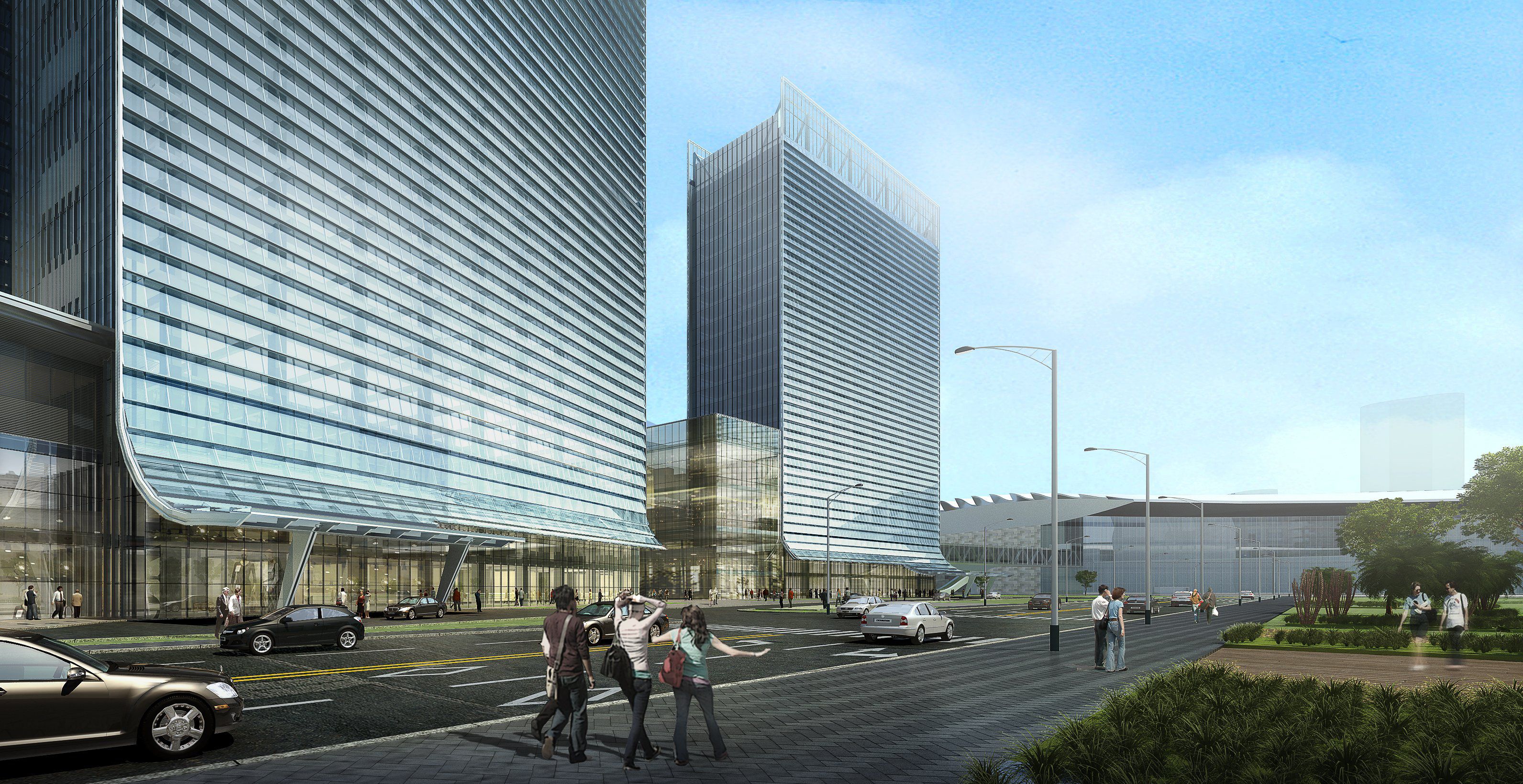 A modern urban street with tall buildings, pedestrians, and cars.