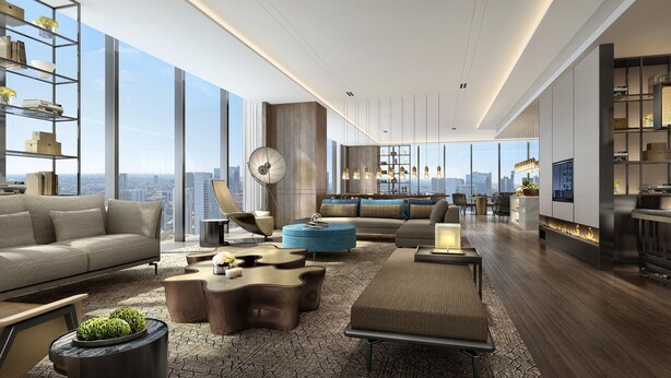 A modern living room with a city view, a large round floor lamp, and a built-in fireplace. - Primus Hotel Nanchang International Expo City (Nanchang)