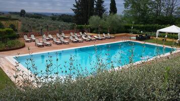 Seasonal outdoor pool, open 8 AM to 7:00 PM, pool umbrellas