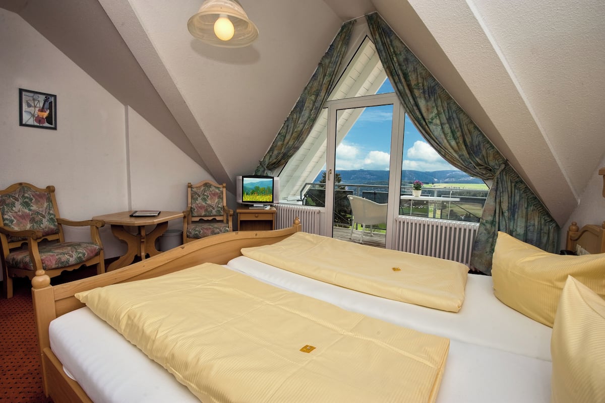 Une chambre avec un lit, deux chaises, une petite table, un téléviseur et une fenêtre donnant sur la campagne.
