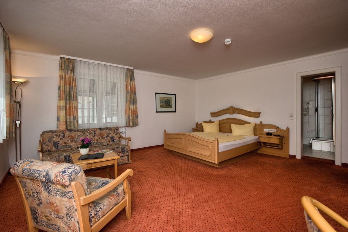 Une chambre à coucher avec un lit, un canapé, une chaise, une table de chevet et une fenêtre avec des rideaux.