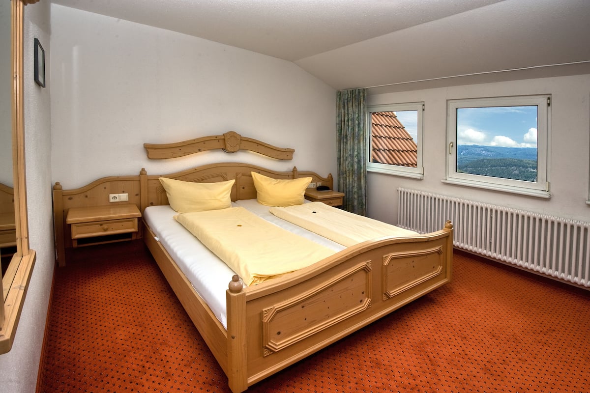 Une chambre avec un lit en bois, deux fenêtres, un radiateur et une moquette rouge.