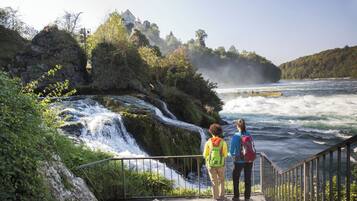 A waterfall with a railing, a forested hill, and a building in the background.