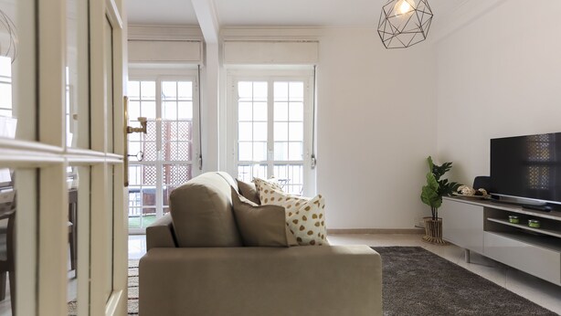 A living room with a sofa, a television, and a plant. - Principe Real Balcony by Homing (Lisbon)