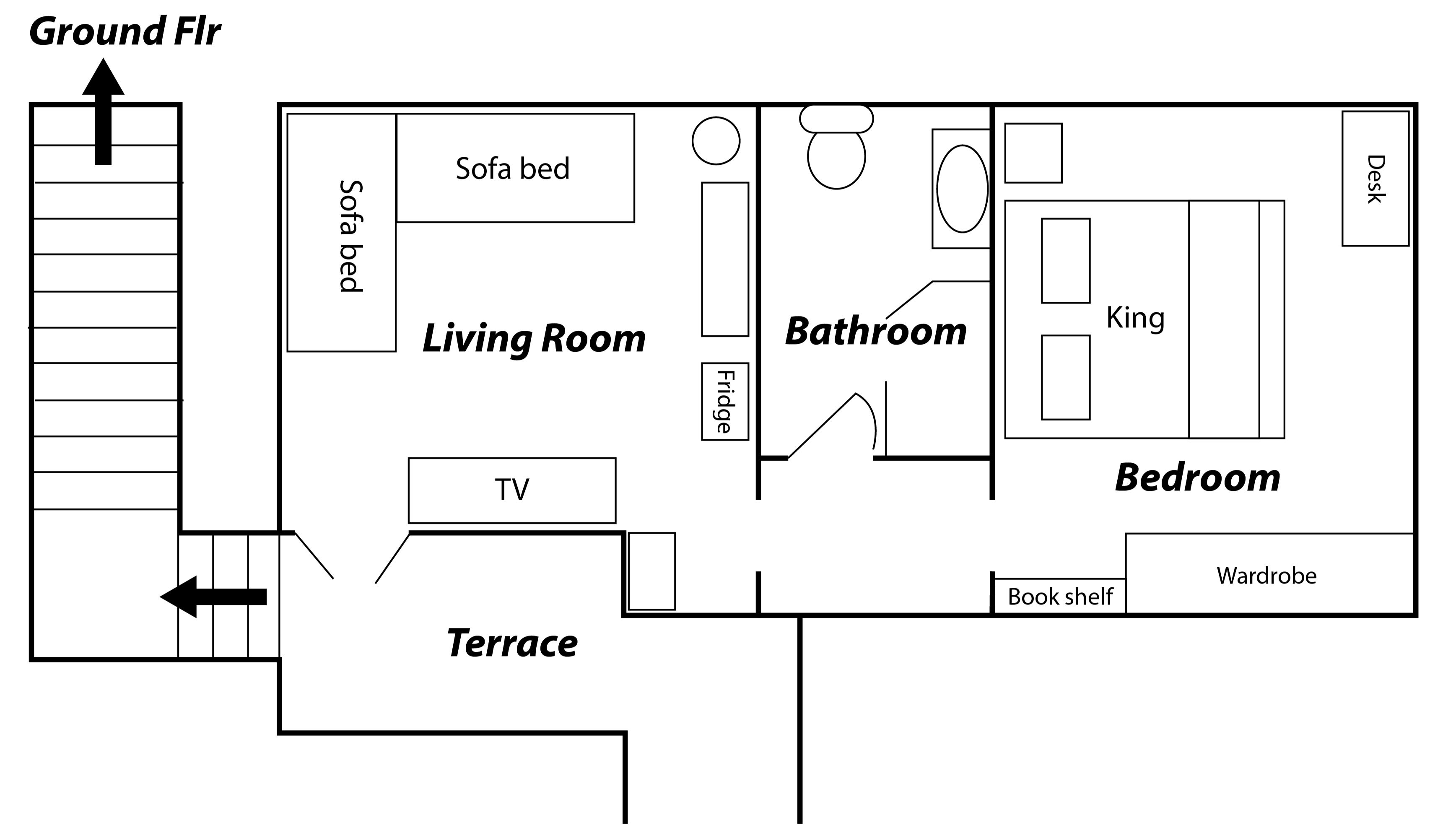 A floor plan of a house with a living room, bedroom, bathroom, and terrace.