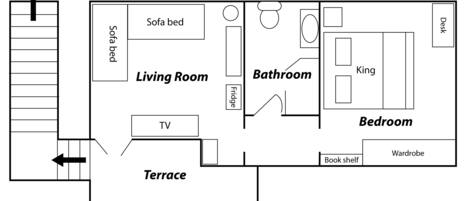 A floor plan of a house with a living room, bedroom, bathroom, and terrace.