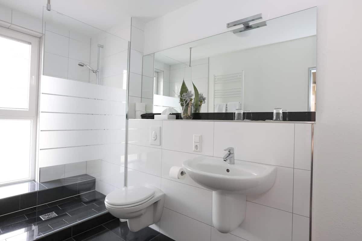 shower, free toiletries, hair dryer, towels