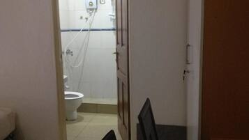 A narrow hallway leading to a bathroom with a toilet and a shower.