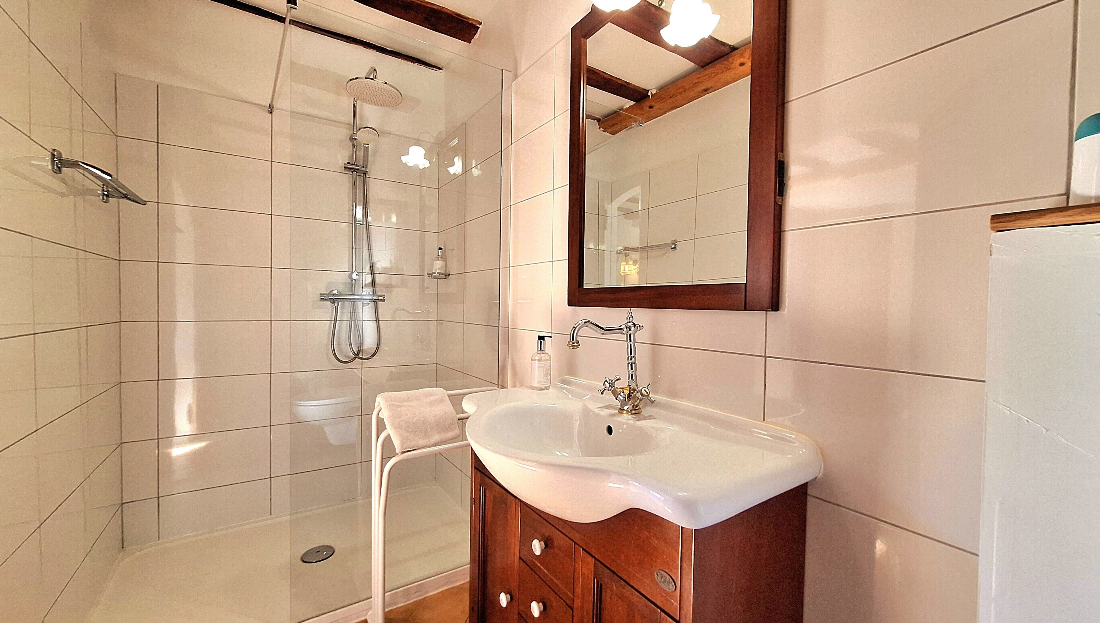 Een badkamer met een douche, wastafel en spiegel.